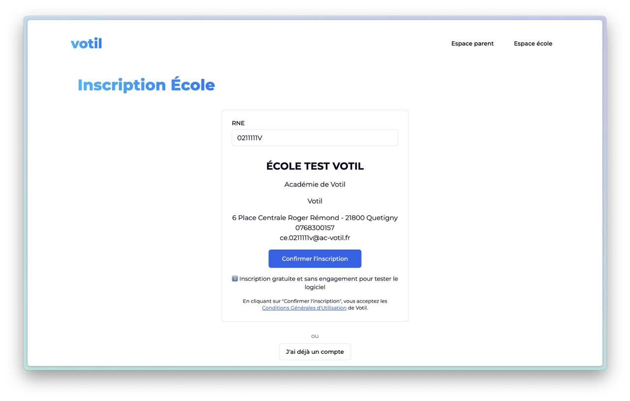 Page d'inscription à Votil pour rentrer le RNE de l'école